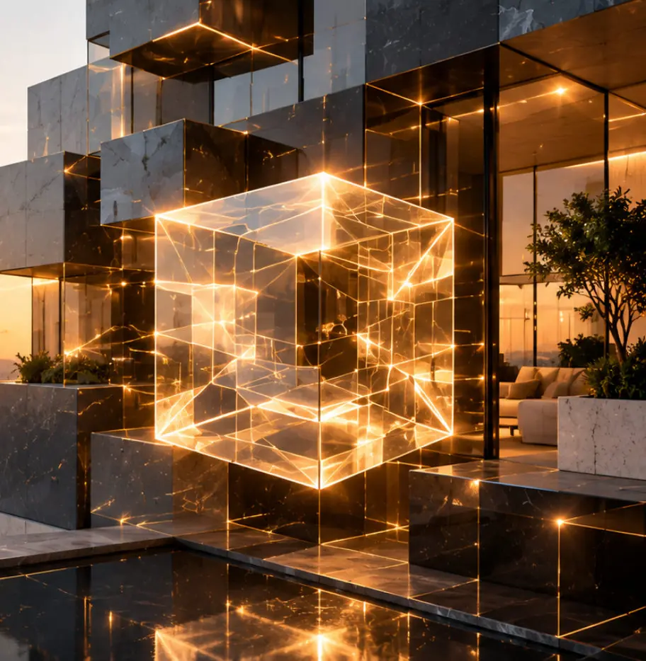 Cubo de cristal iluminado sobre arquitectura de mármol