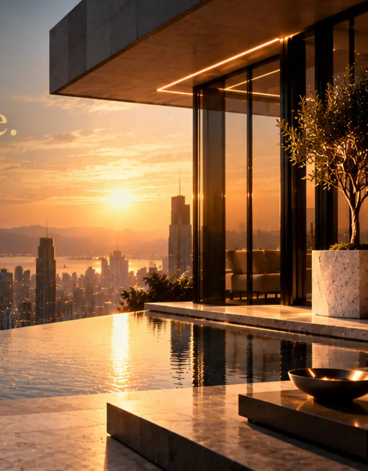 Terraza al atardecer frente a la ciudad